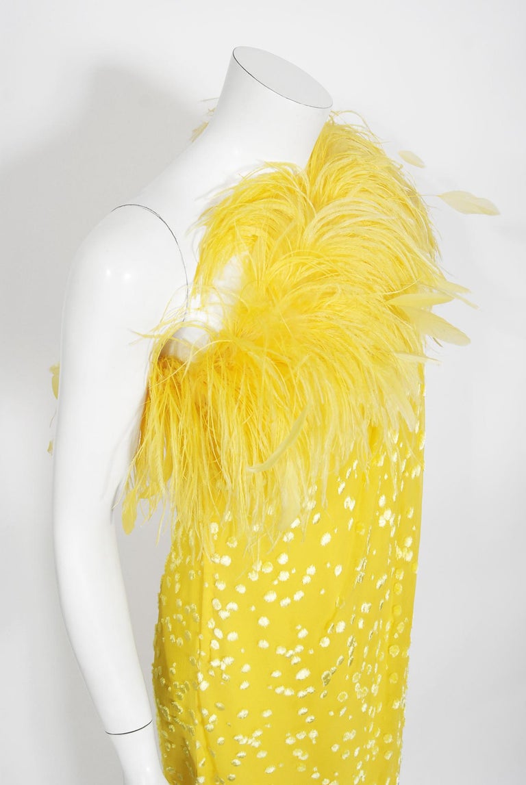 Women's Vintage 1970s Mollie Parnis Bright Yellow Flocked Silk One-Shoulder Feather Gown For Sale