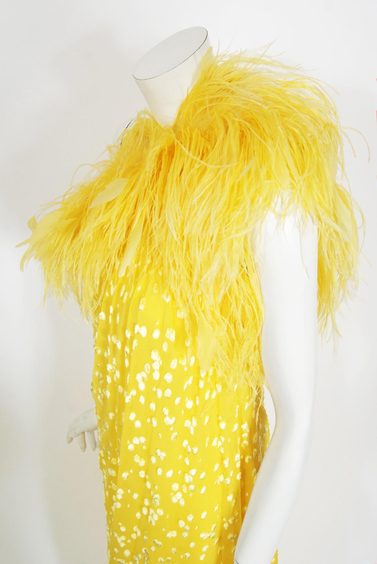 Women's Vintage 1970s Mollie Parnis Bright Yellow Flocked Silk One-Shoulder Feather Gown