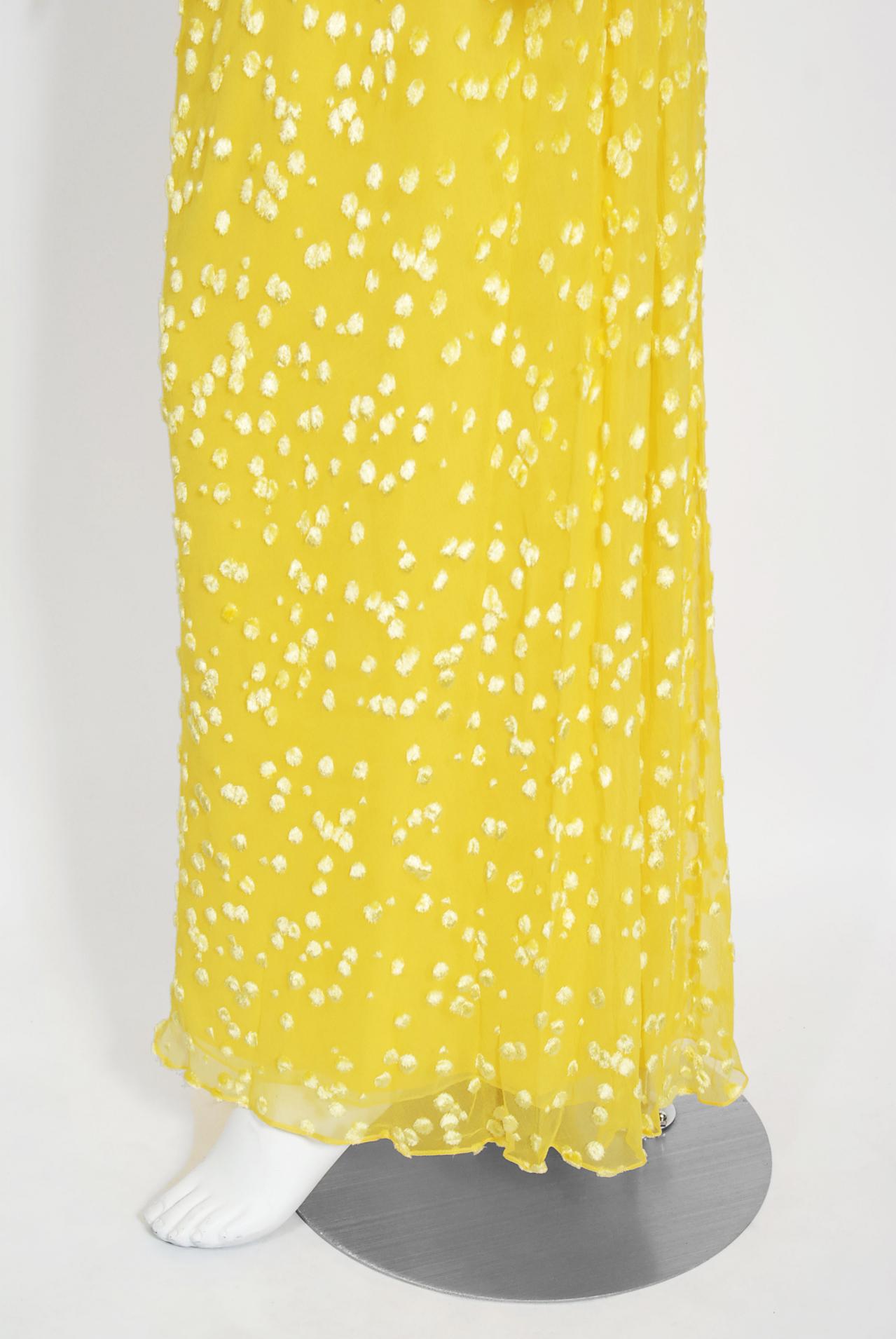 Vintage 1970s Mollie Parnis Bright Yellow Flocked Silk One-Shoulder Feather Gown 1