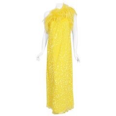 parnish Vintage 1970s Mollie Parnis Bright Yellow Flocked Silk One-Shoulder Feather Gown