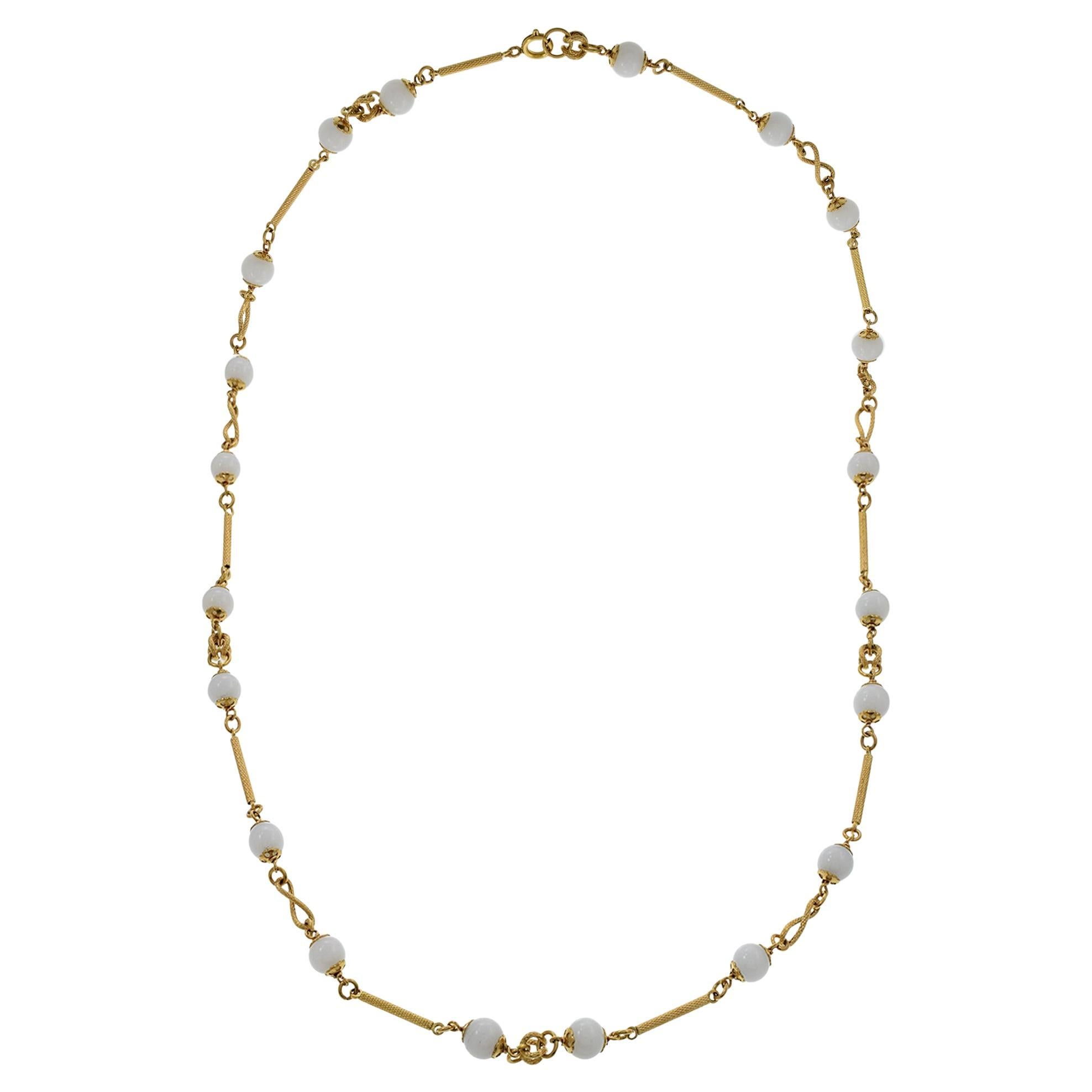 Vintage 1970's Mother of Pearl Bead 32" Necklace with 18KT Yellow Gold Tubes and