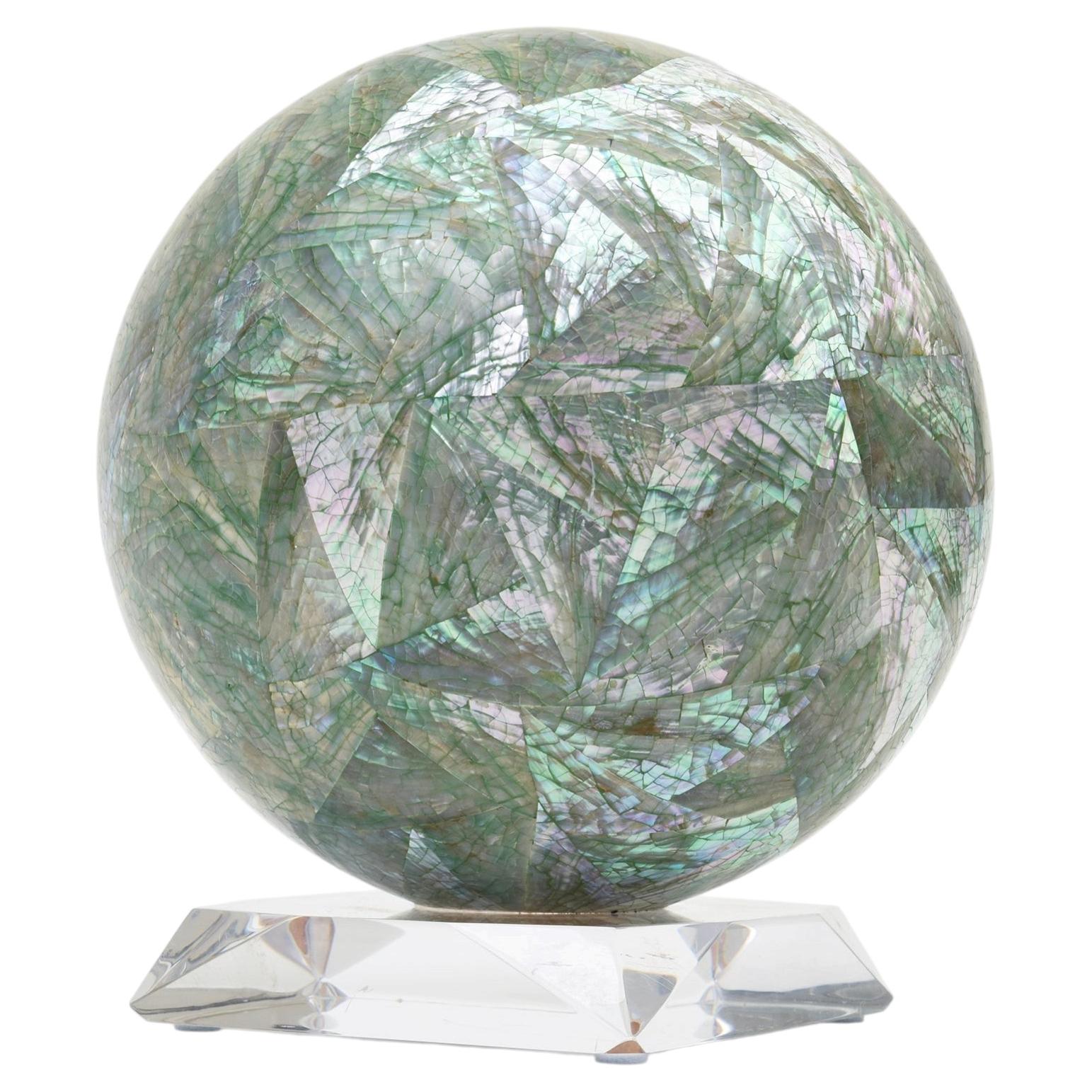 Vintage 1970's Mother Of Pearl Over Wood Orb Sphere Sculpture On Lucite Base