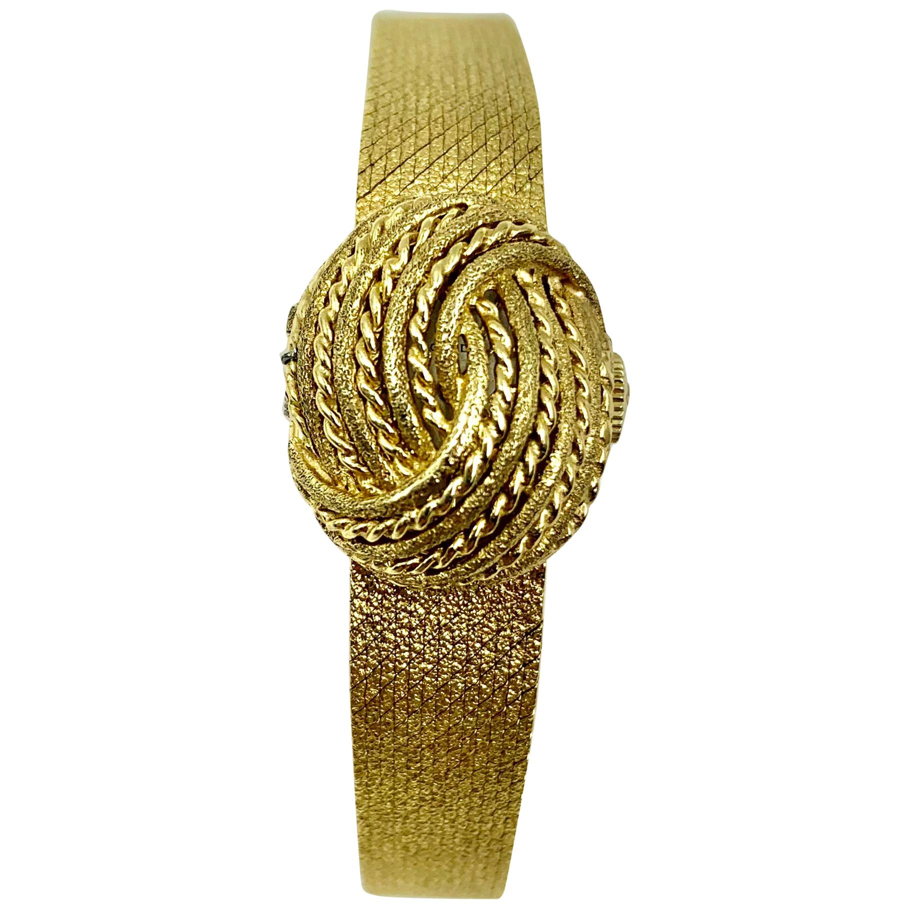 Vintage 1970s Movado Bracelet Watch, 14 Karat Textured Gold, Switzerland