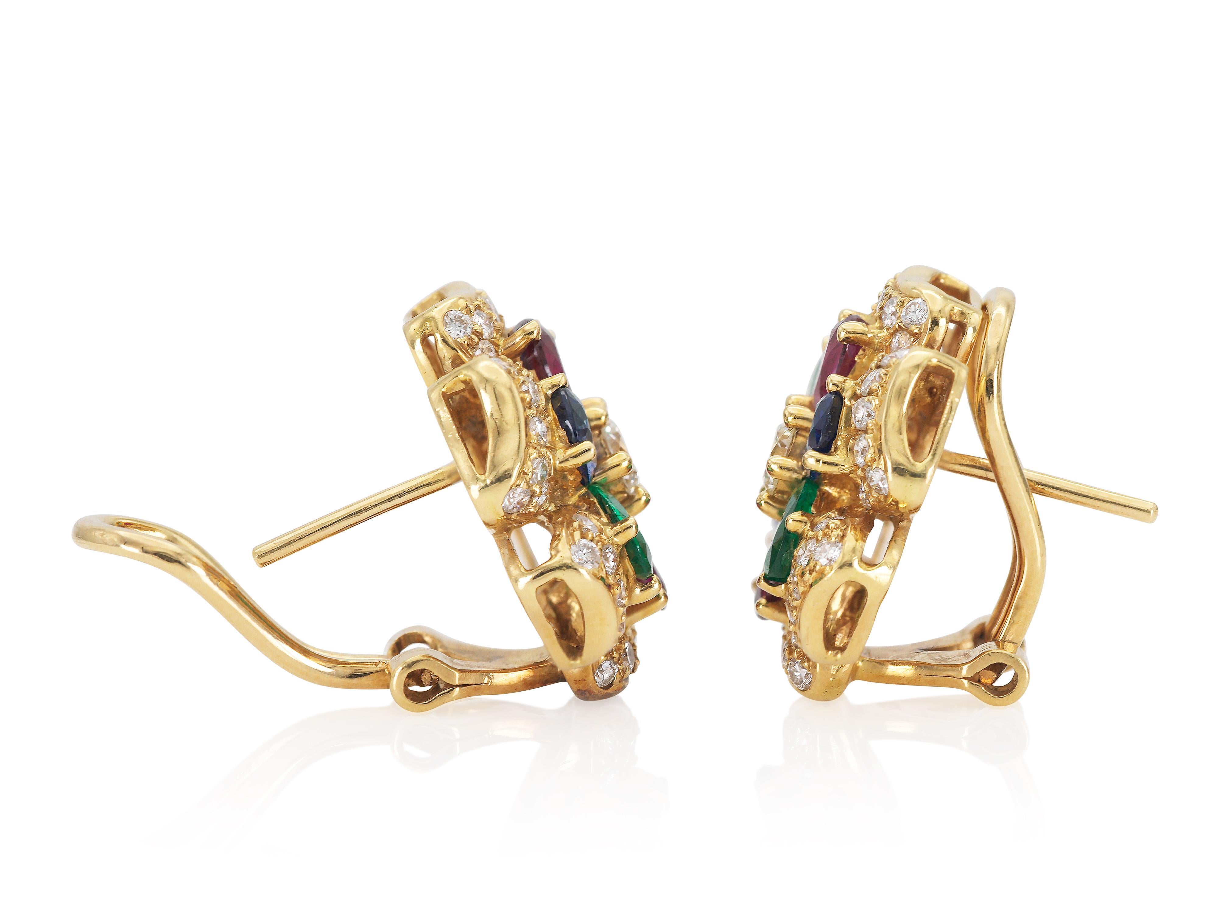 Oval Cut Vintage 1970s Multi-Gem Flower Earrings For Sale