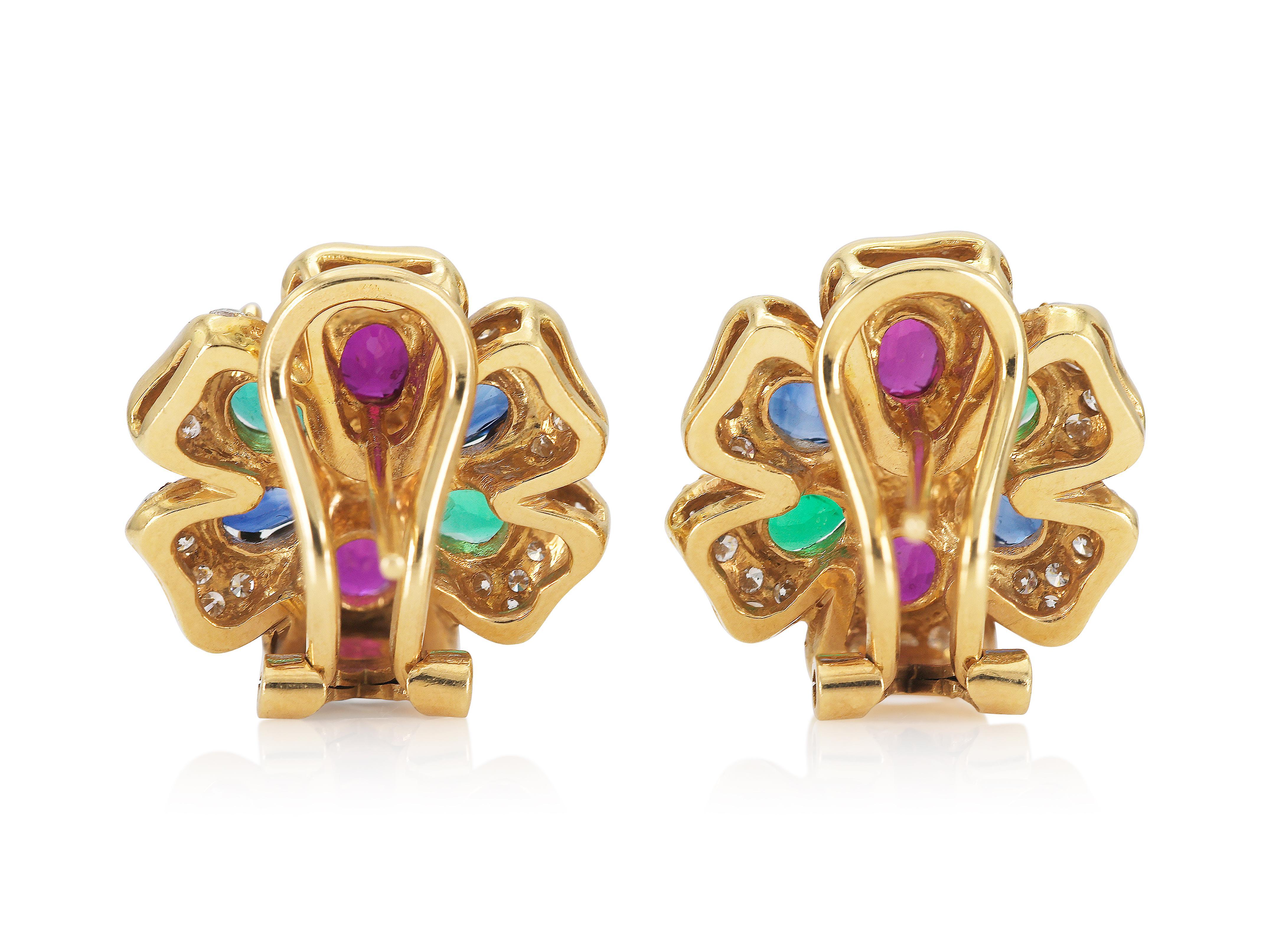 Vintage 1970s Multi-Gem Flower Earrings In Good Condition For Sale In New York, NY