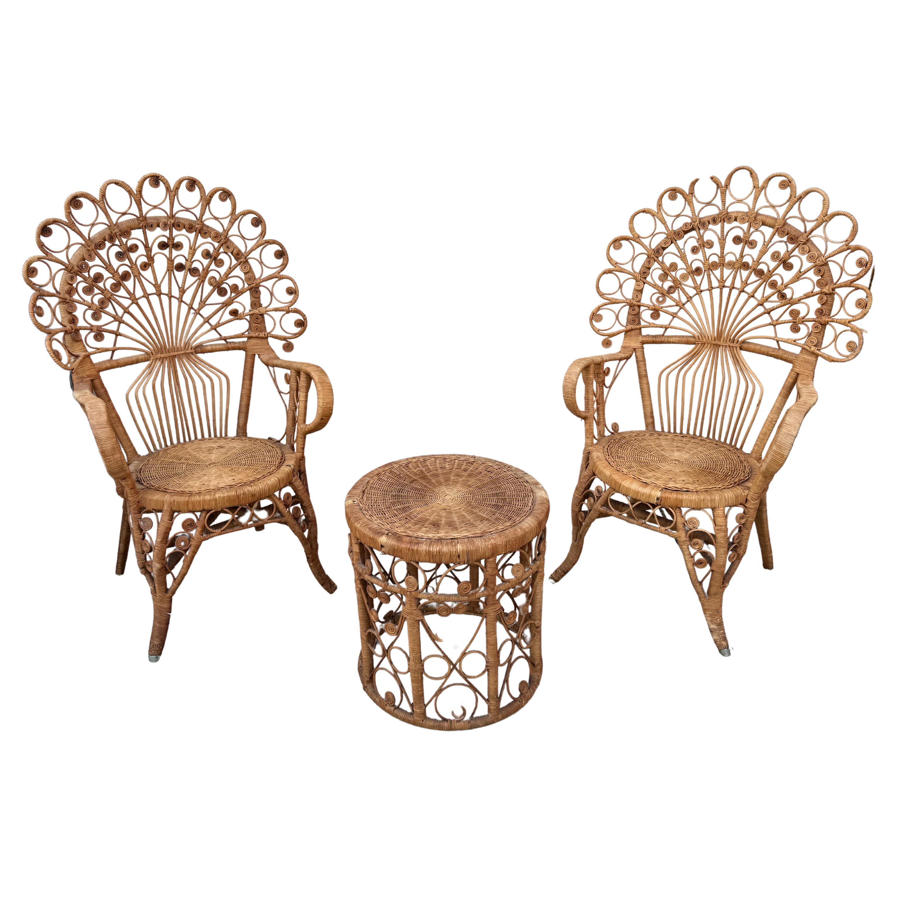 Vintage 1970's Natural Wicker Peacock Chairs With Side Table - Set Of 3