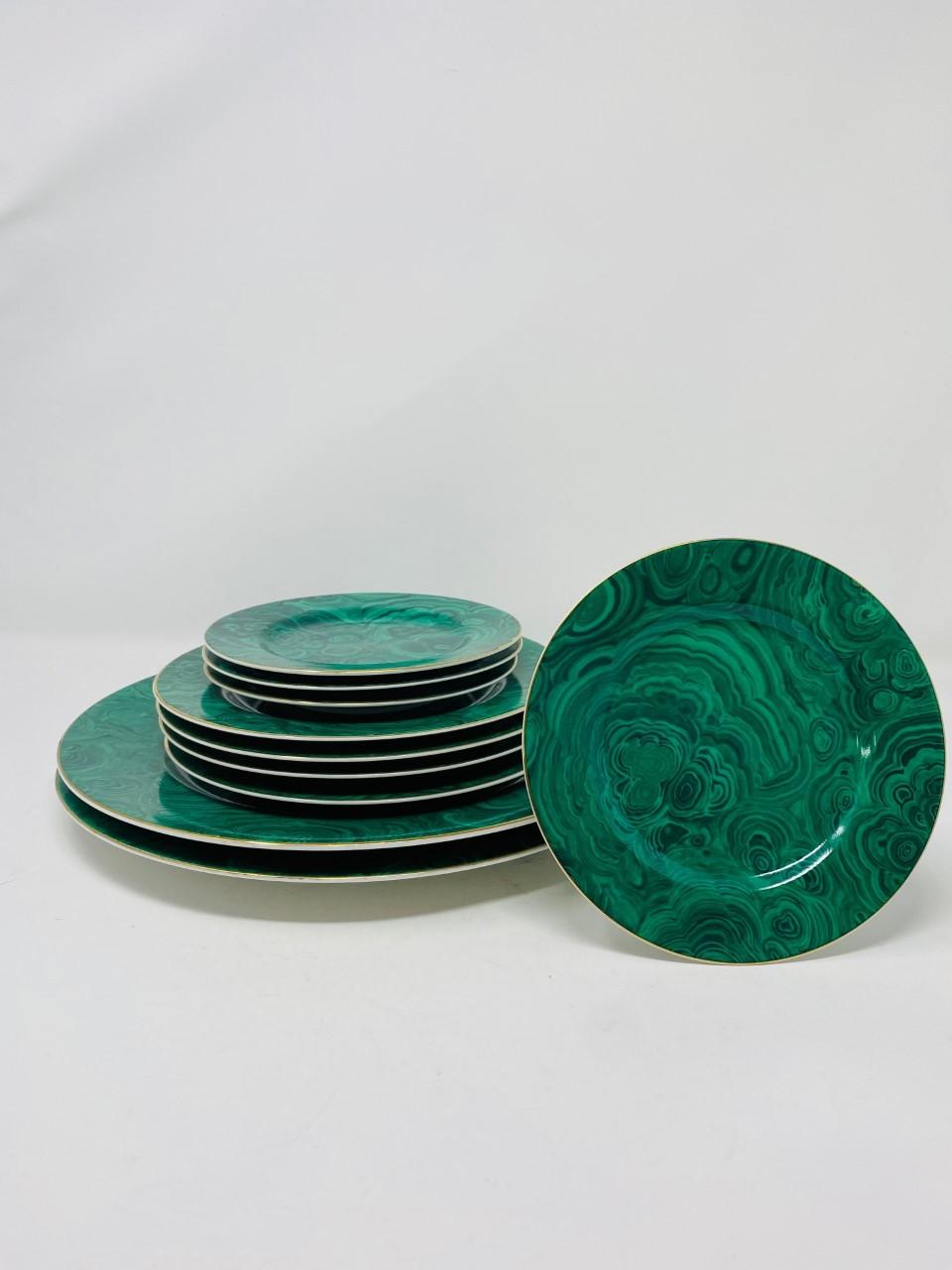 Hand-Crafted Vintage 1970s Neiman Marcus Malachite Porcelain Plates 'Set of 10' For Sale