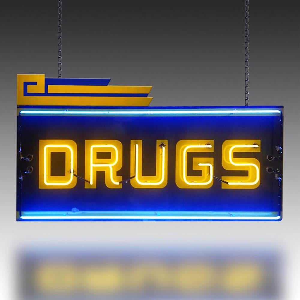 Extremely rare original 1970s drugs neon sign

This fabulous vintage neon sign is a classic piece of 1970s Americana. Now completely restored to full working order and adapted for the UK, it really lights up the room with its vivid blues and