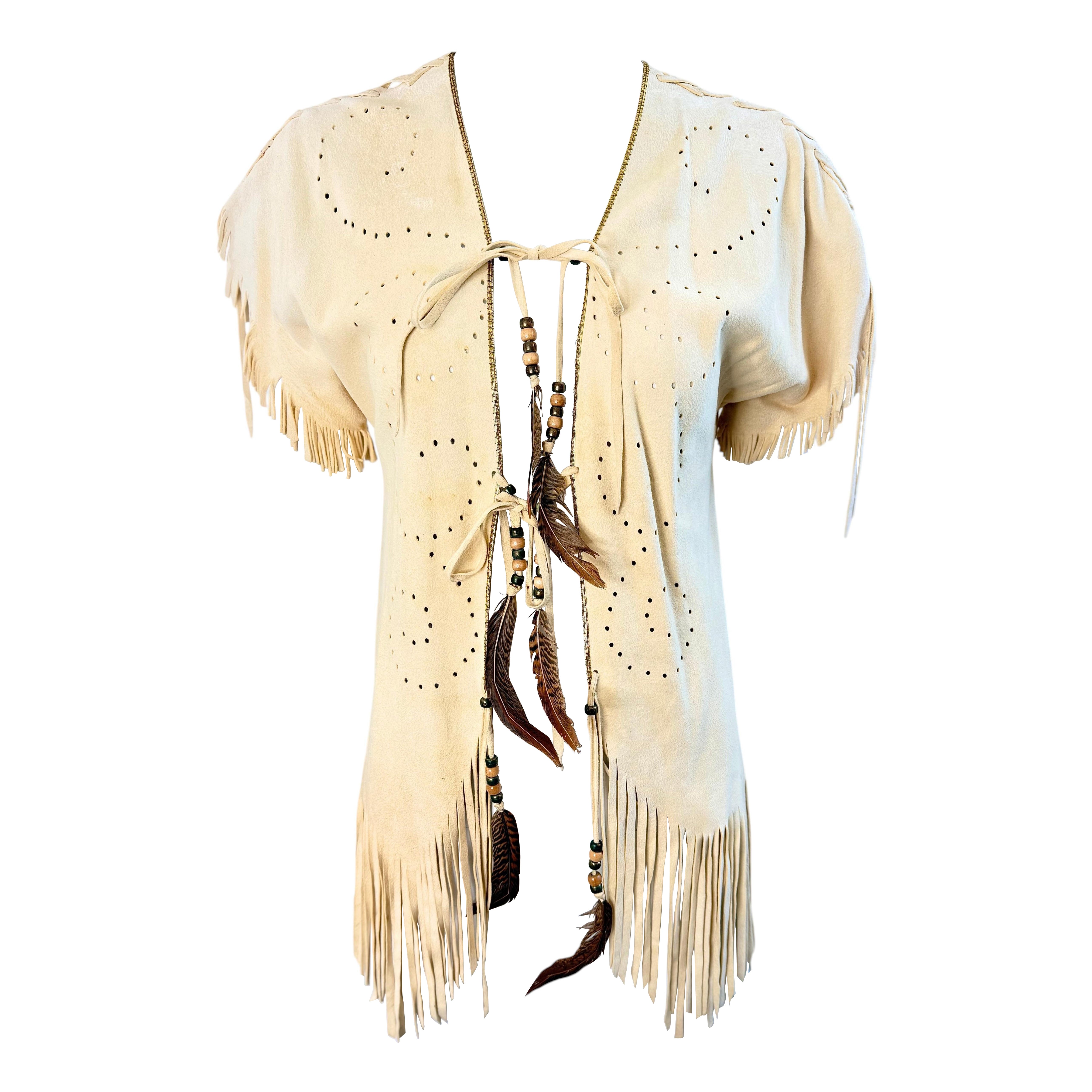 Vintage 1970s North Beach Leather Michel Jacques Signed Suede Fringe Vest Top 70 For Sale