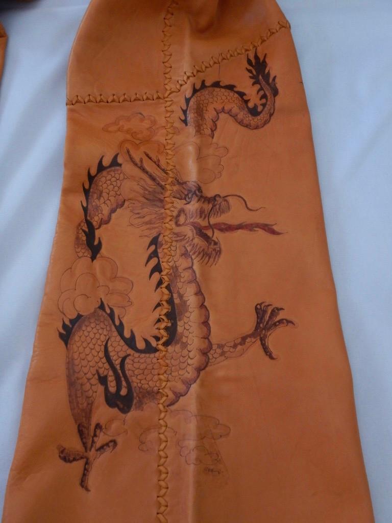 Brown Vintage 1970's North Beach Leather Whipstitch Dragon Art Sailor Pants For Sale
