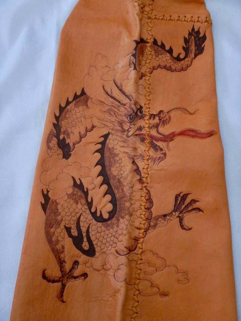 Vintage 1970's North Beach Leather Whipstitch Dragon Art Sailor Pants In Fair Condition For Sale In Oakland, CA