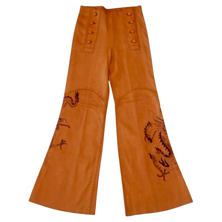 Vintage 1970''s North Beach Leather Whipstitch Dragon Art Sailor Pants