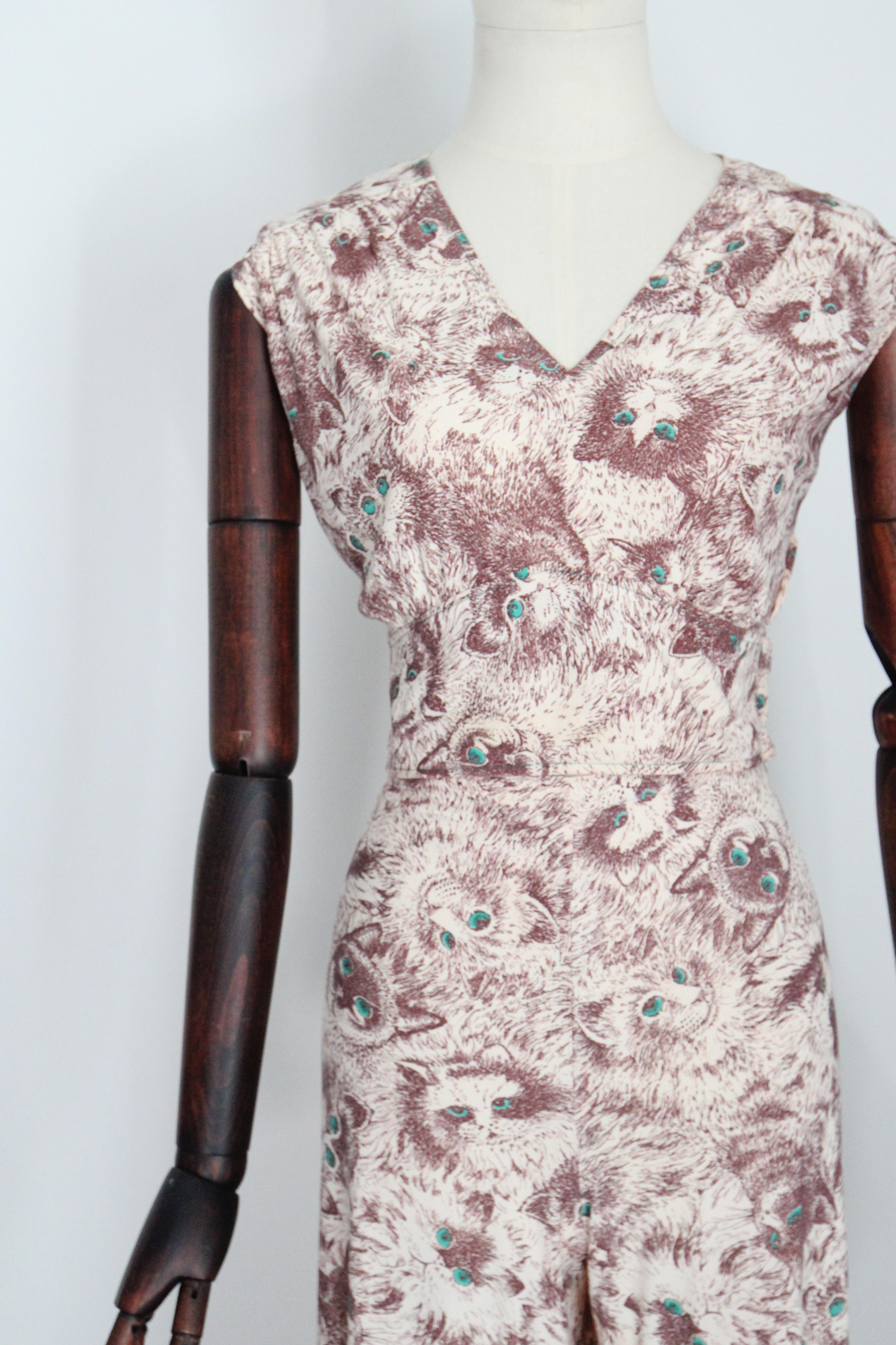 Grigio Vintage By 1970 Novelty cat print three piece set 1970s catsuit UK 10-12 US 6-8 in vendita