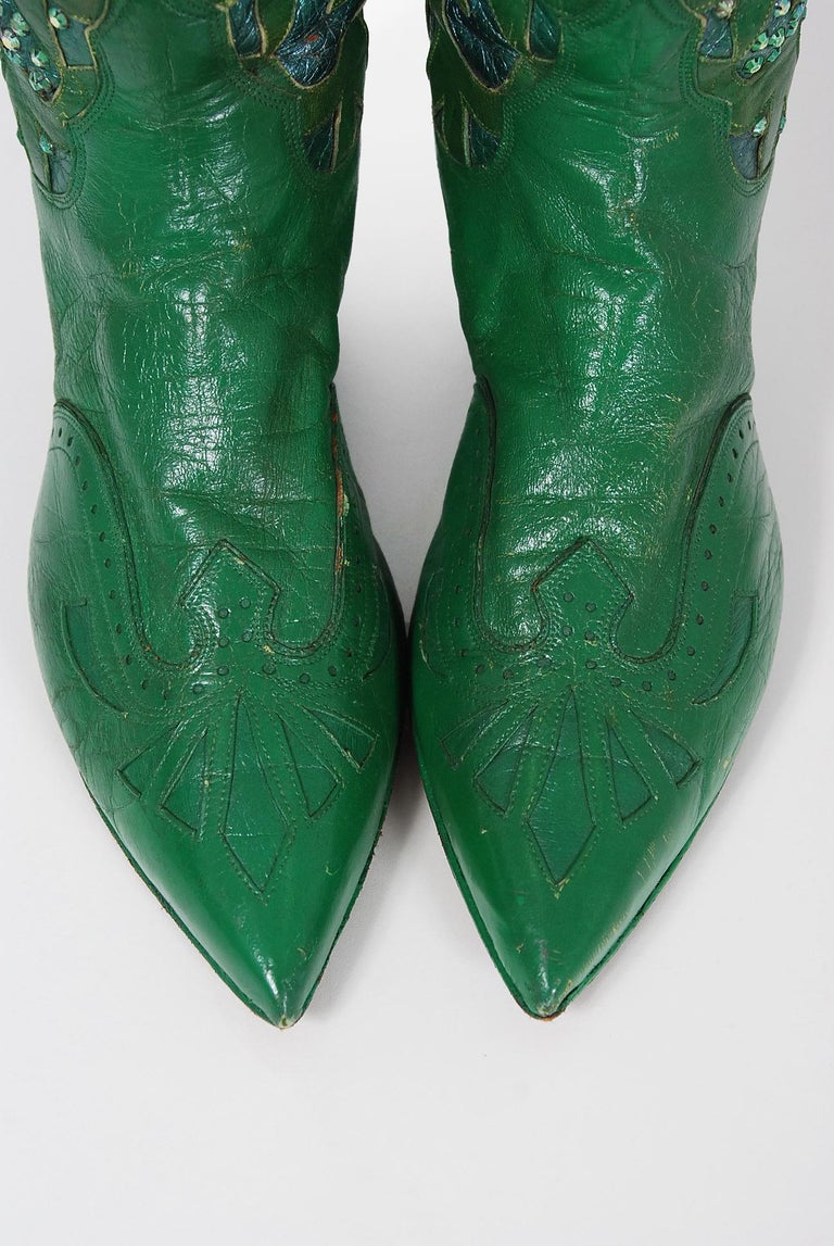 Vintage 1970's Nudie's Rodeo Tailor Rhinestone Green Leather Cowboy Boots at 1stDibs kelly