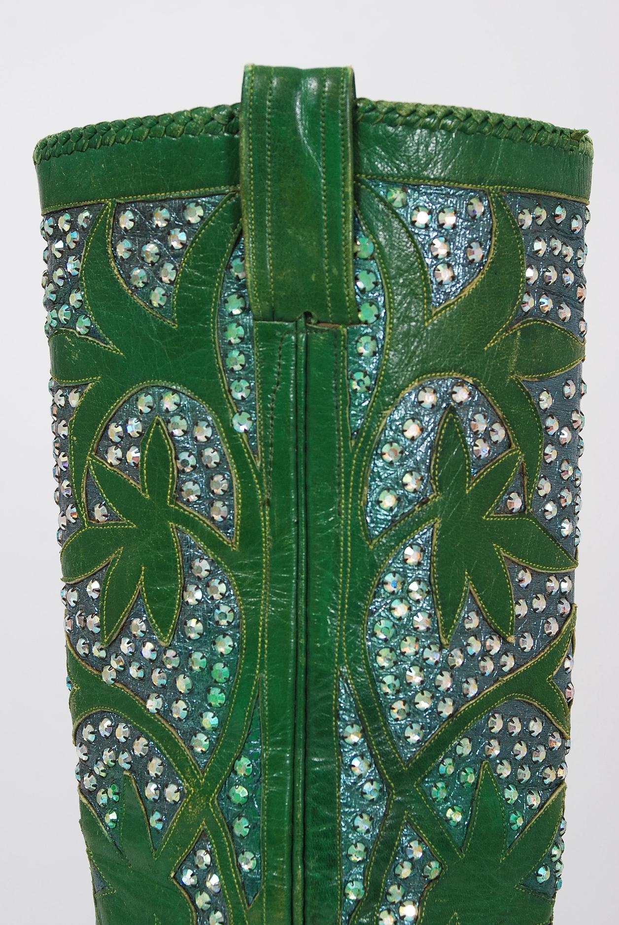 Black Vintage 1970's Nudie's Rodeo Tailor Rhinestone Green Leather Cowboy Boots  