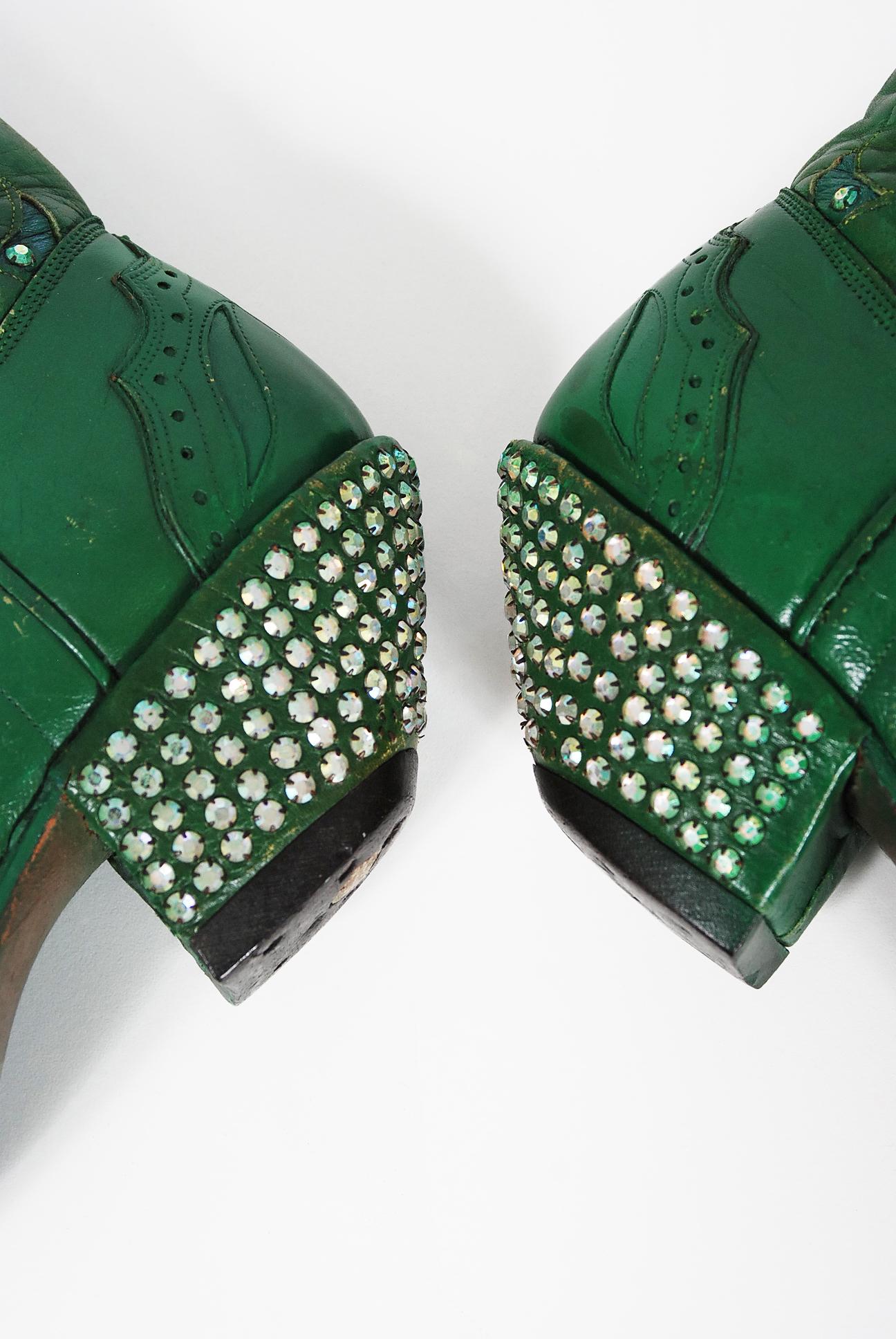 Vintage 1970's Nudie's Rodeo Tailor Rhinestone Green Leather Cowboy Boots   In Good Condition In Beverly Hills, CA