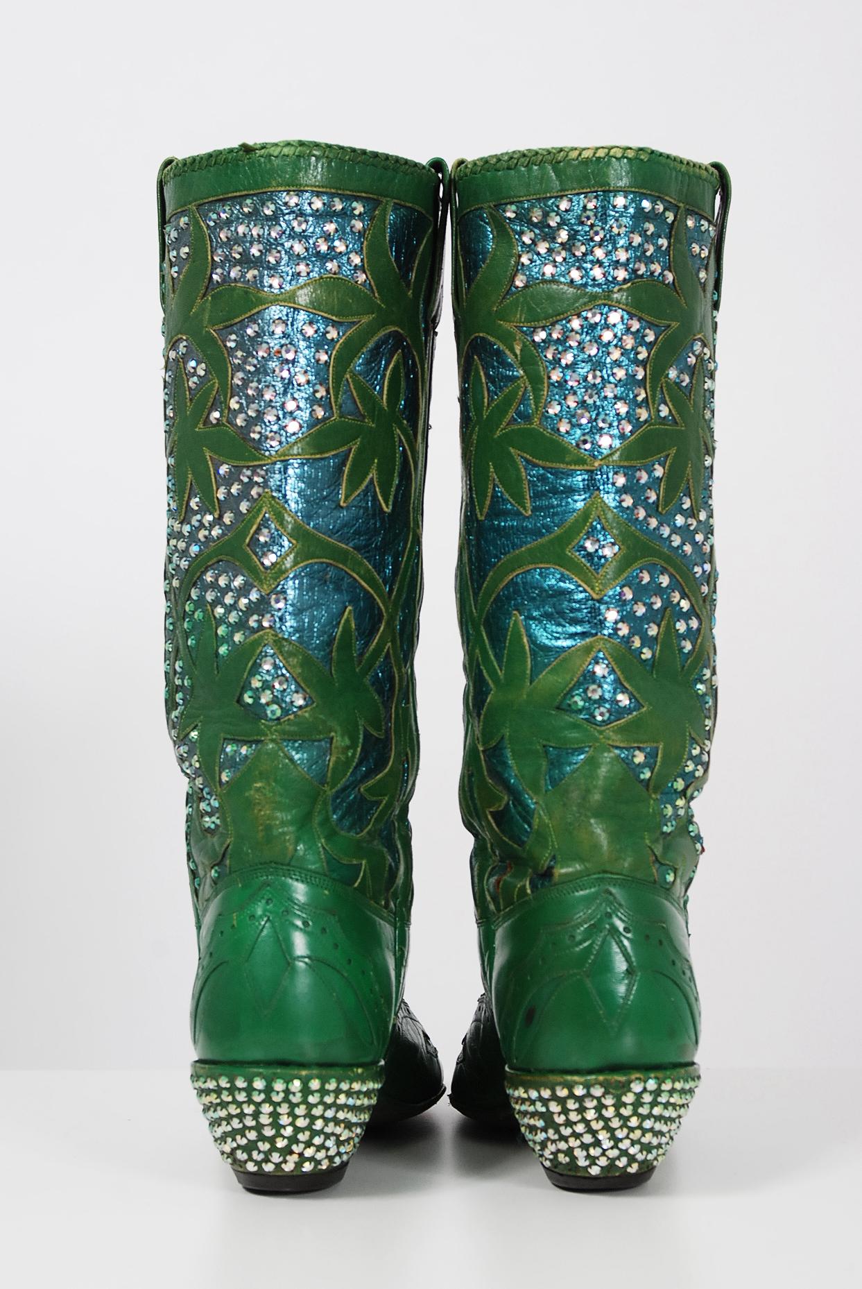 Women's Vintage 1970's Nudie's Rodeo Tailor Rhinestone Green Leather Cowboy Boots  