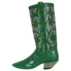 Retro 1970's Nudie's Rodeo Tailor Rhinestone Green Leather Cowboy Boots  