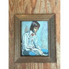 Vintage 1970s Oil Painting of Seated Man
