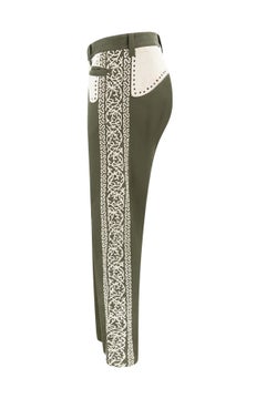 Vintage 1970s Olive Embroidered Flare Trousers with Suede Applique