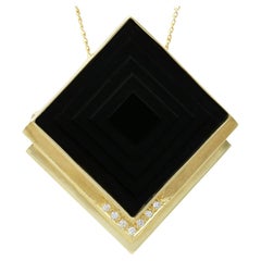 Retro 1970s Onyx, Diamond and 14k Yellow Gold Pendant/Brooch