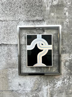 Vintage 1970s Op-Art Geometric Black and Silver Foil Framed Print.