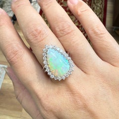 Vintage 1970's Opal and Diamond Halo Statement Ring 14k White Gold