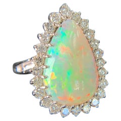 Vintage 1970's Opal and Diamond Halo Statement Ring 14k White Gold