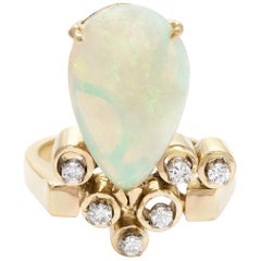 Vintage 1970s Opal Diamond Ring 14 Karat Gold Estate Fine Jewelry Statement