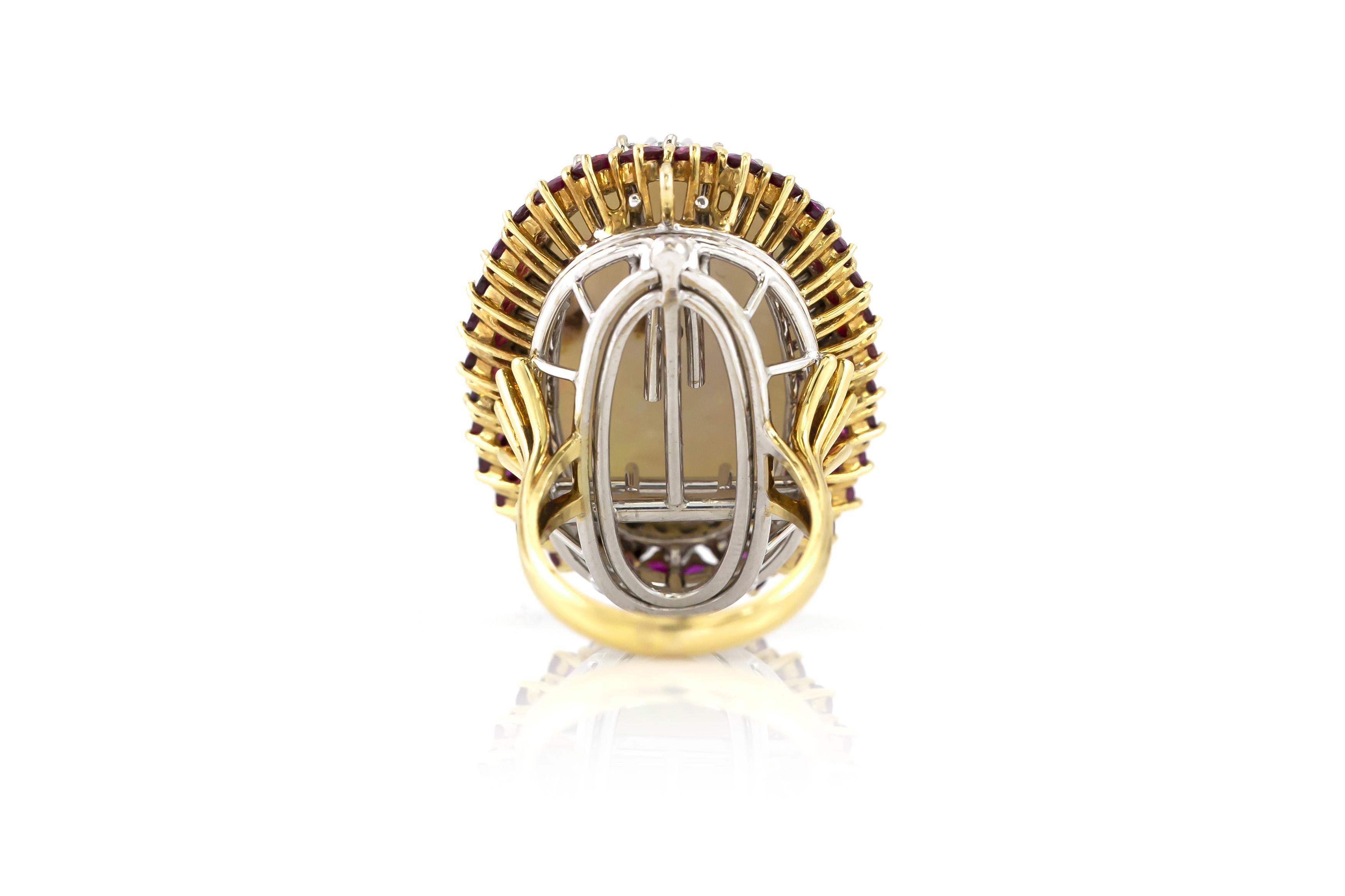 Round Cut Vintage 1970s Opal, Ruby and Diamond Ring Pendant For Sale