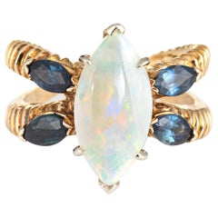 Vintage 1970s Opal Sapphire Ring 14 Karat Gold Estate Fine Jewelry Split Shank