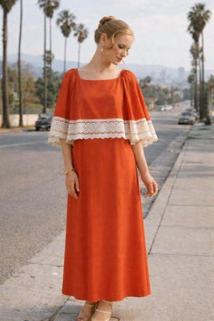 Vintage 1970s Orange Goddess Maxi Dress with Crochet Lace Trim, Size M