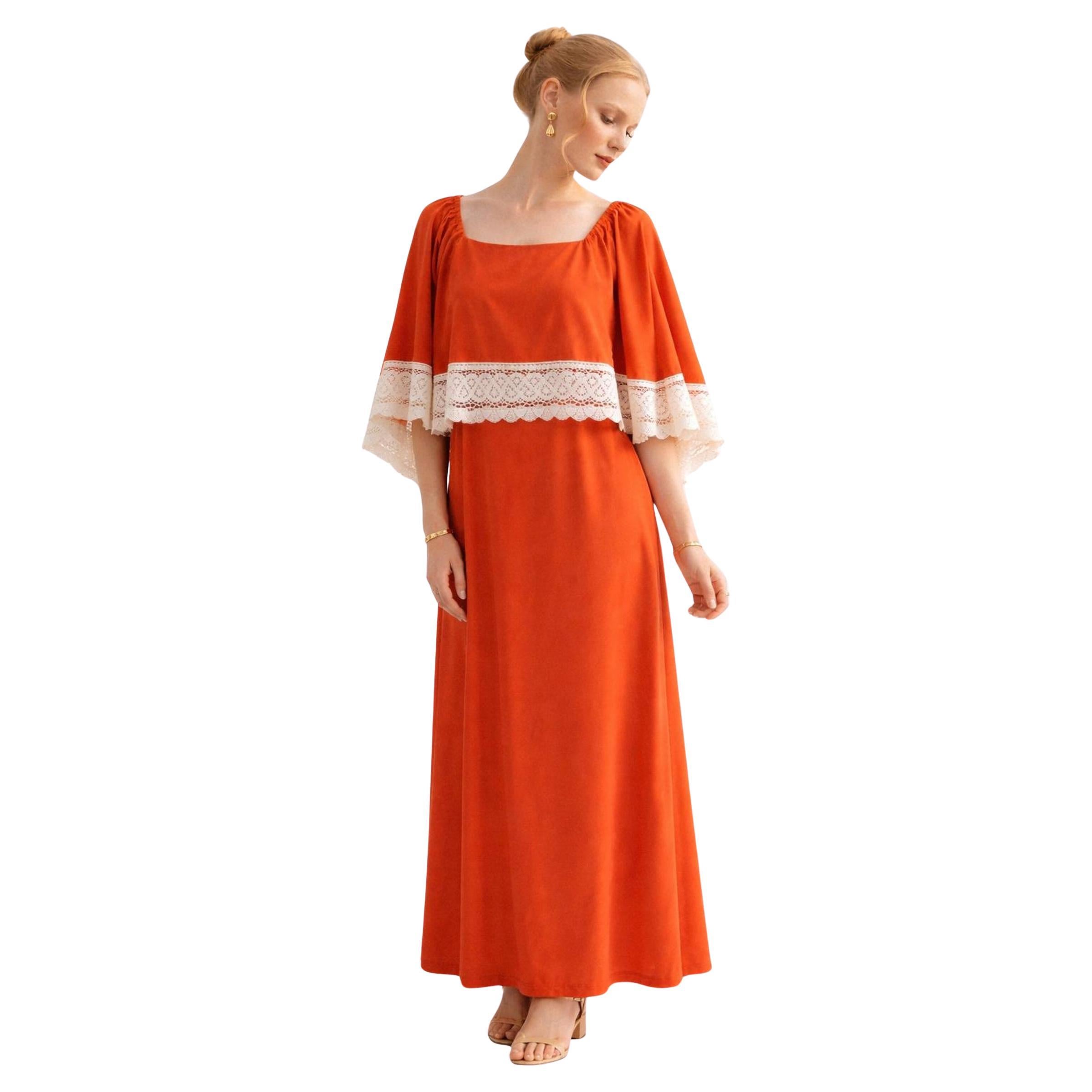 Vintage 1970 Orange Goddess Maxi Dress with Crochet Lace Trim, Size M