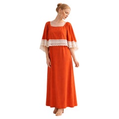Vintage 1970 Orange Goddess Maxi Dress with Crochet Lace Trim, Size M