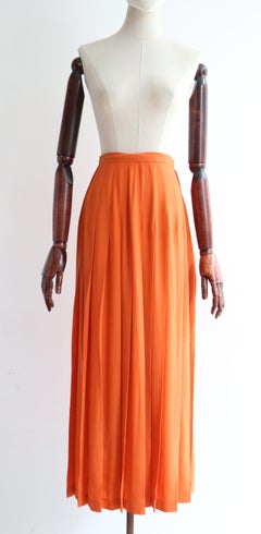 Vintage 1970's Orange Silk Pleated Jean Halm silk Midi Skirt UK 6 US 2