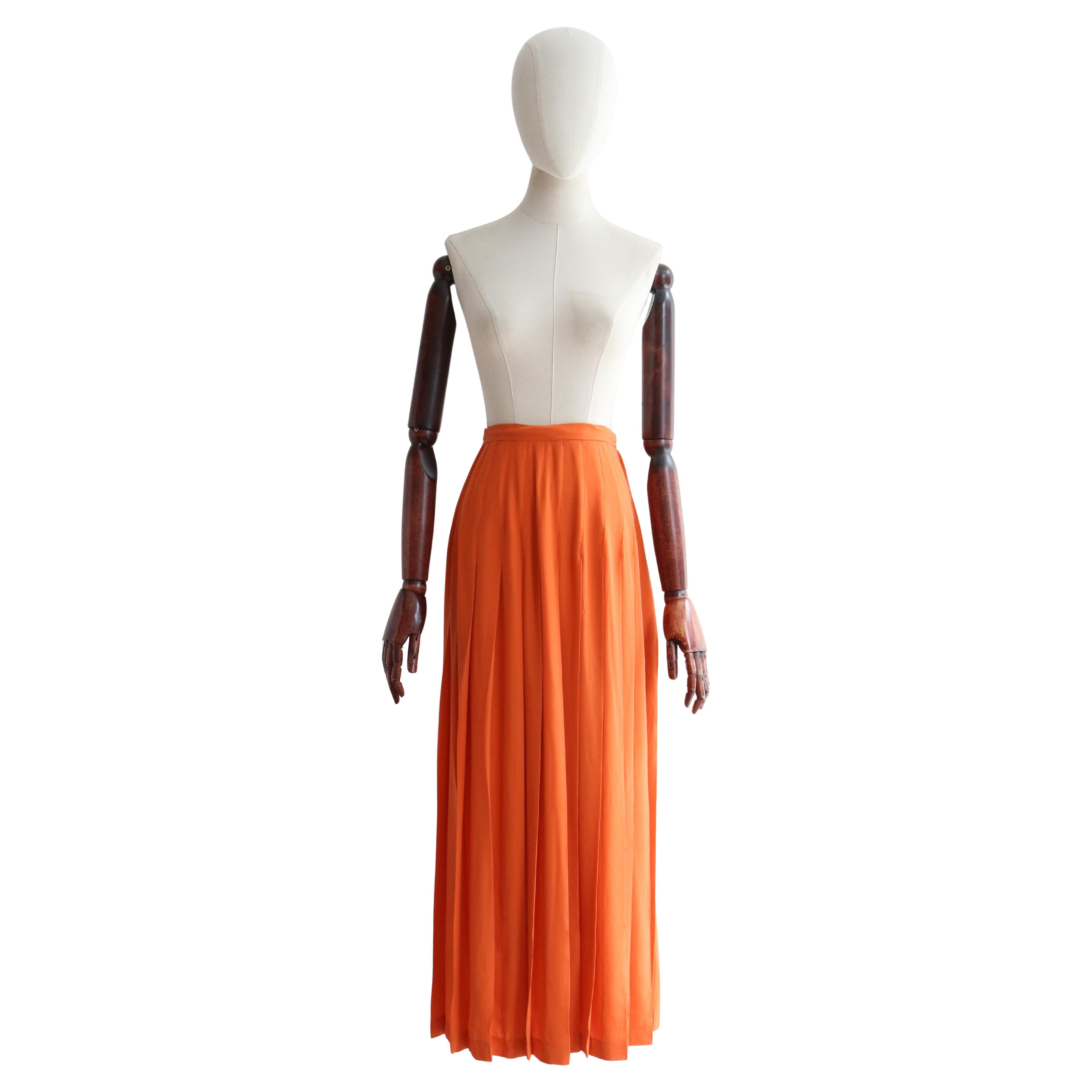 Vintage 1970 s Orange Silk Pleated Jean Halm Silk Midi Skirt UK 6 US 2