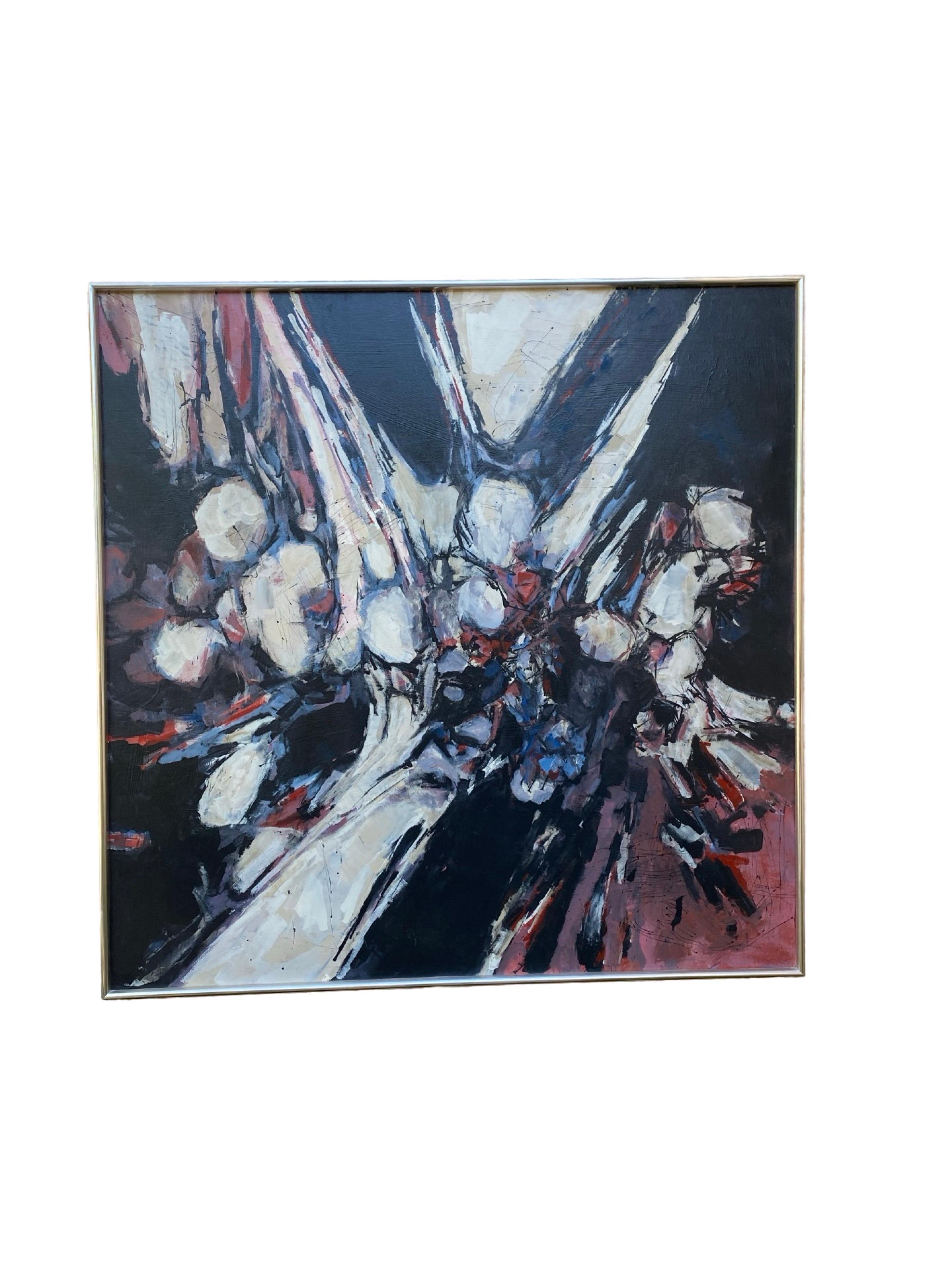 Vintage 1970's Original Silber gerahmt abstrakte Malerei  in Schwarz & Blau im Zustand „Gut“ im Angebot in Palm Springs, CA