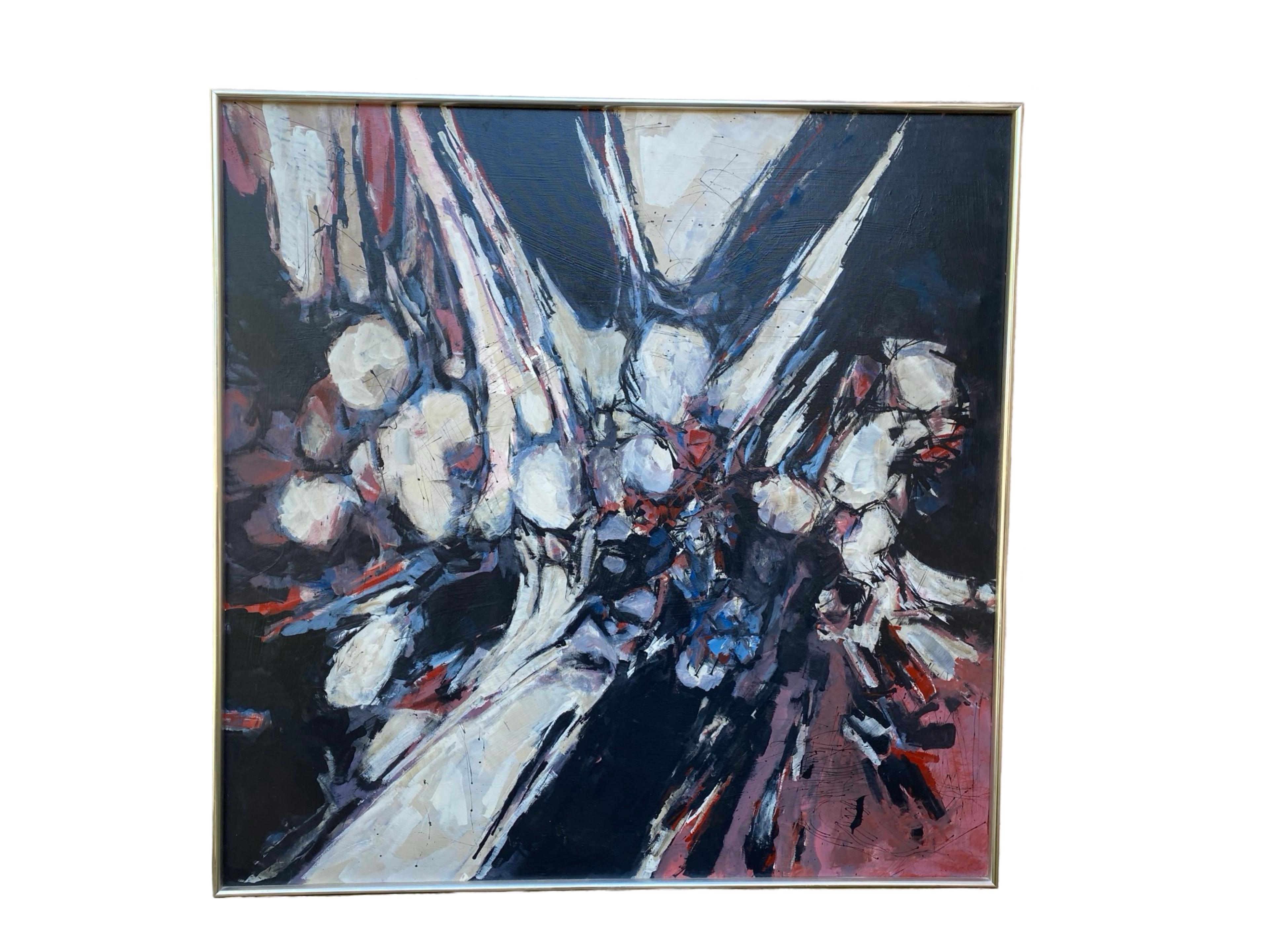 Vintage 1970's Original Silber gerahmt abstrakte Malerei  in Schwarz & Blau (Ende des 20. Jahrhunderts) im Angebot