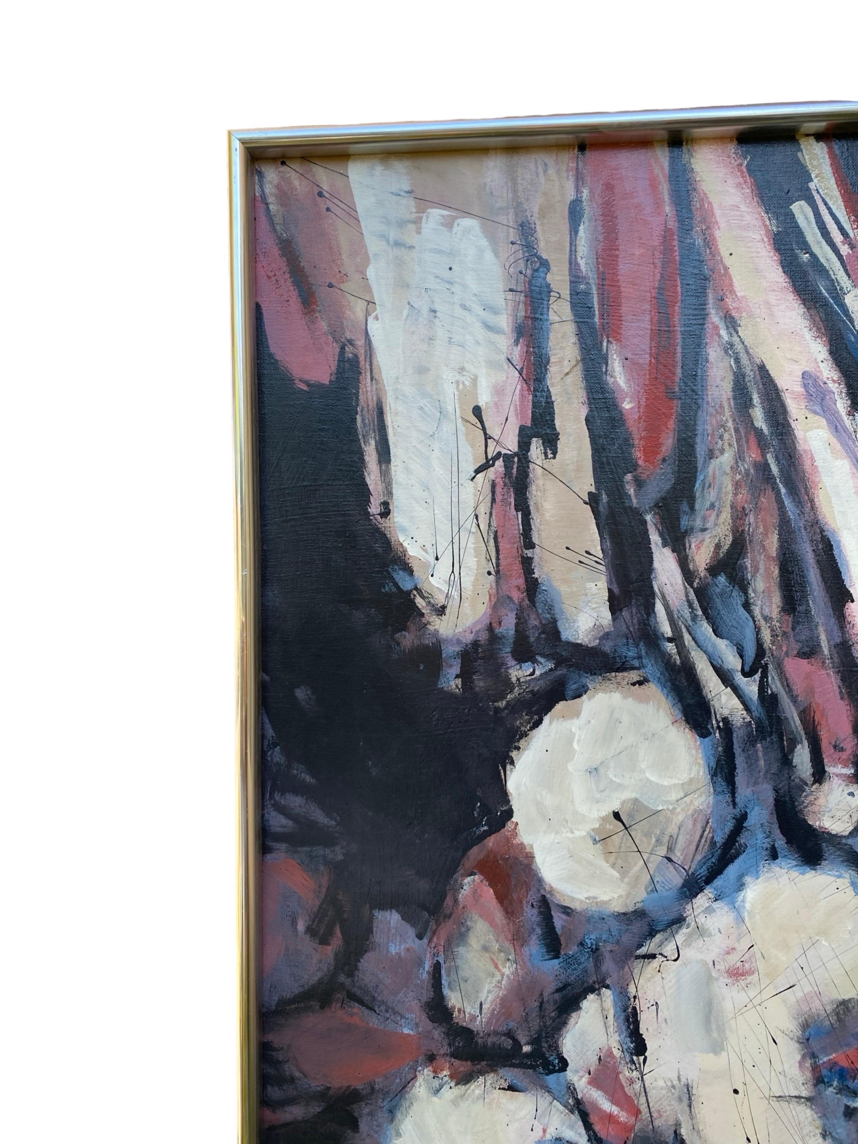 Vintage 1970's Original Silber gerahmt abstrakte Malerei  in Schwarz & Blau (Leinwand) im Angebot