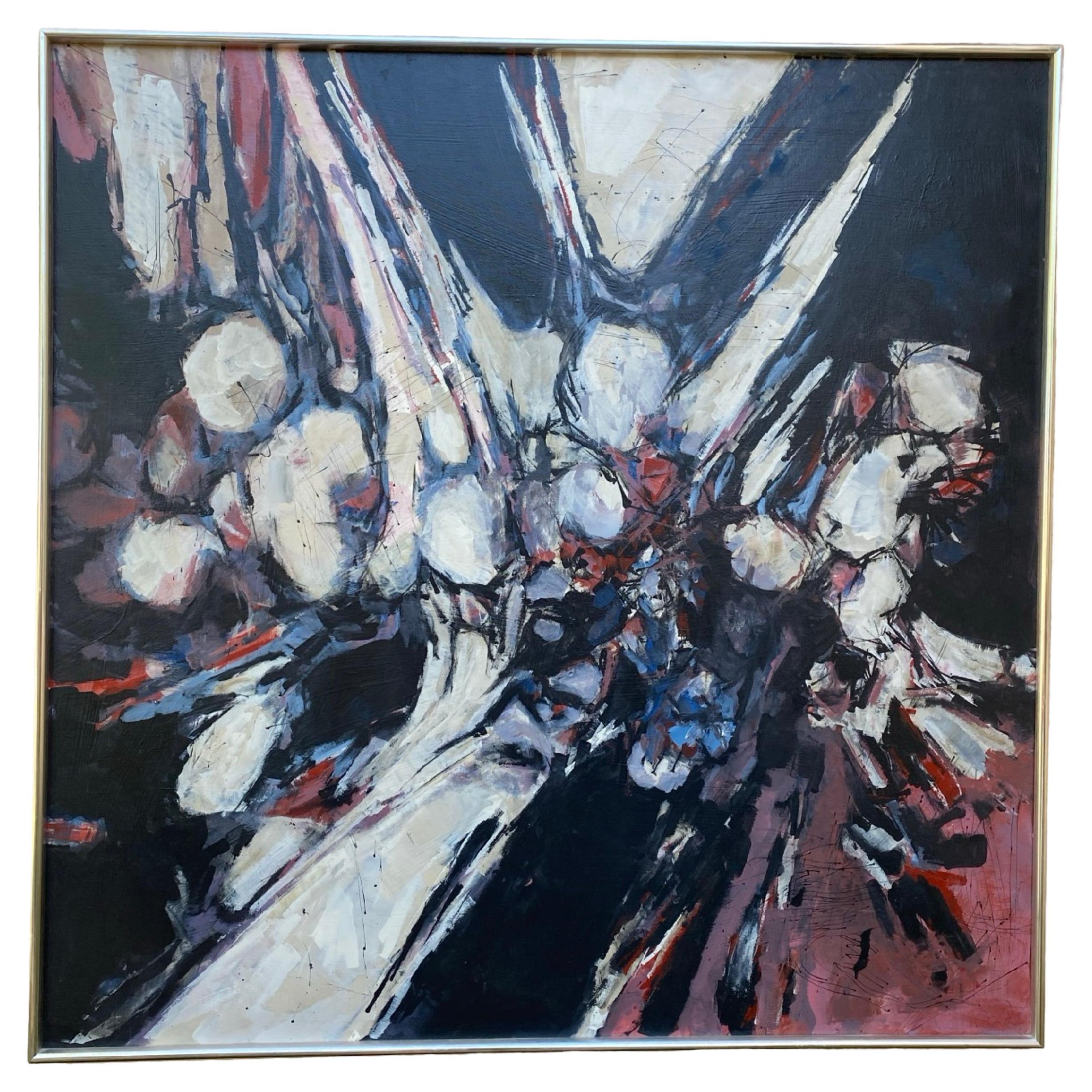 Vintage 1970’s Original Silver Framed Abstract Painting  in Black & Blues