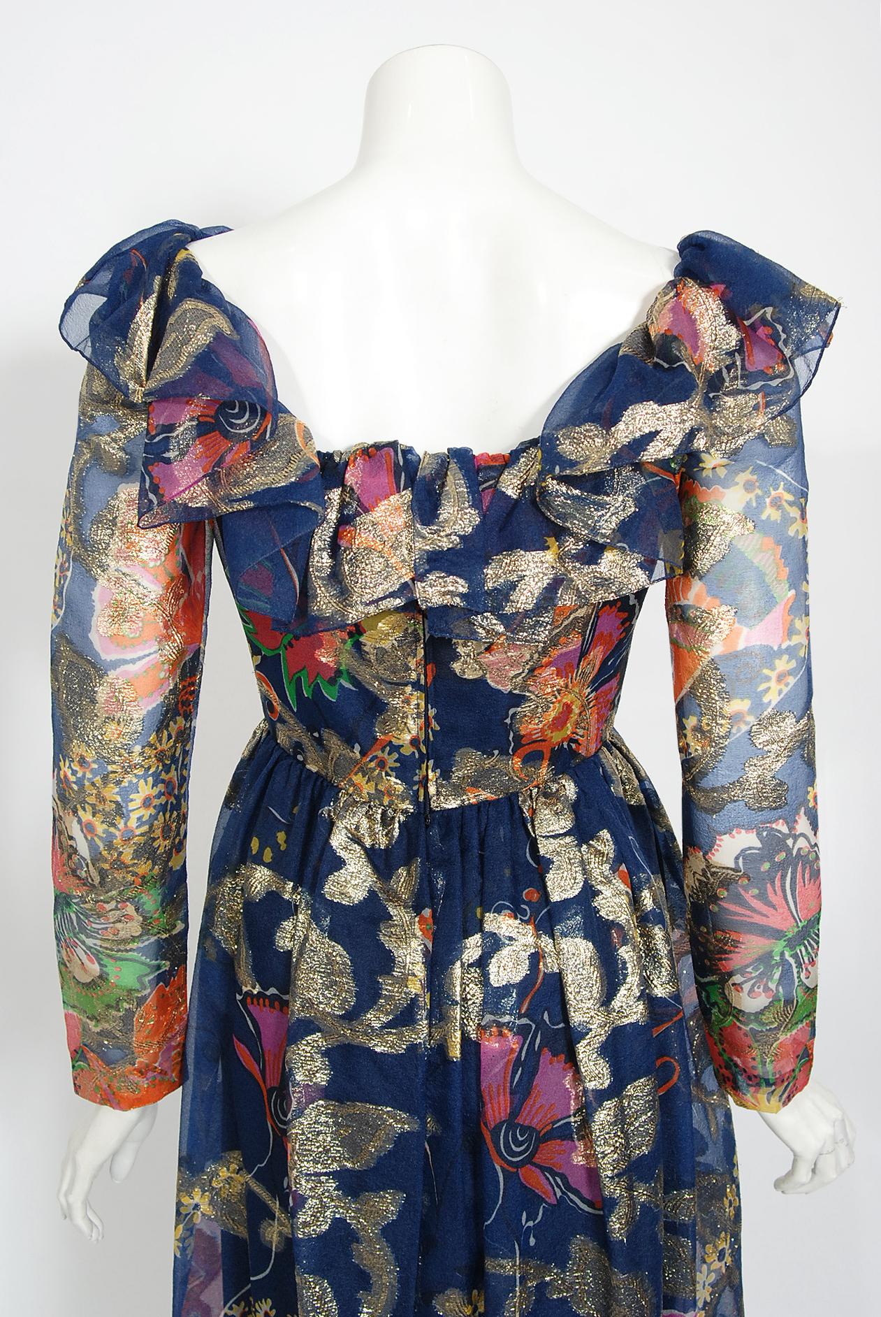 Vintage 1970's Oscar de la Renta Metallic Navy Floral Silk Long-Sleeve Dress 2
