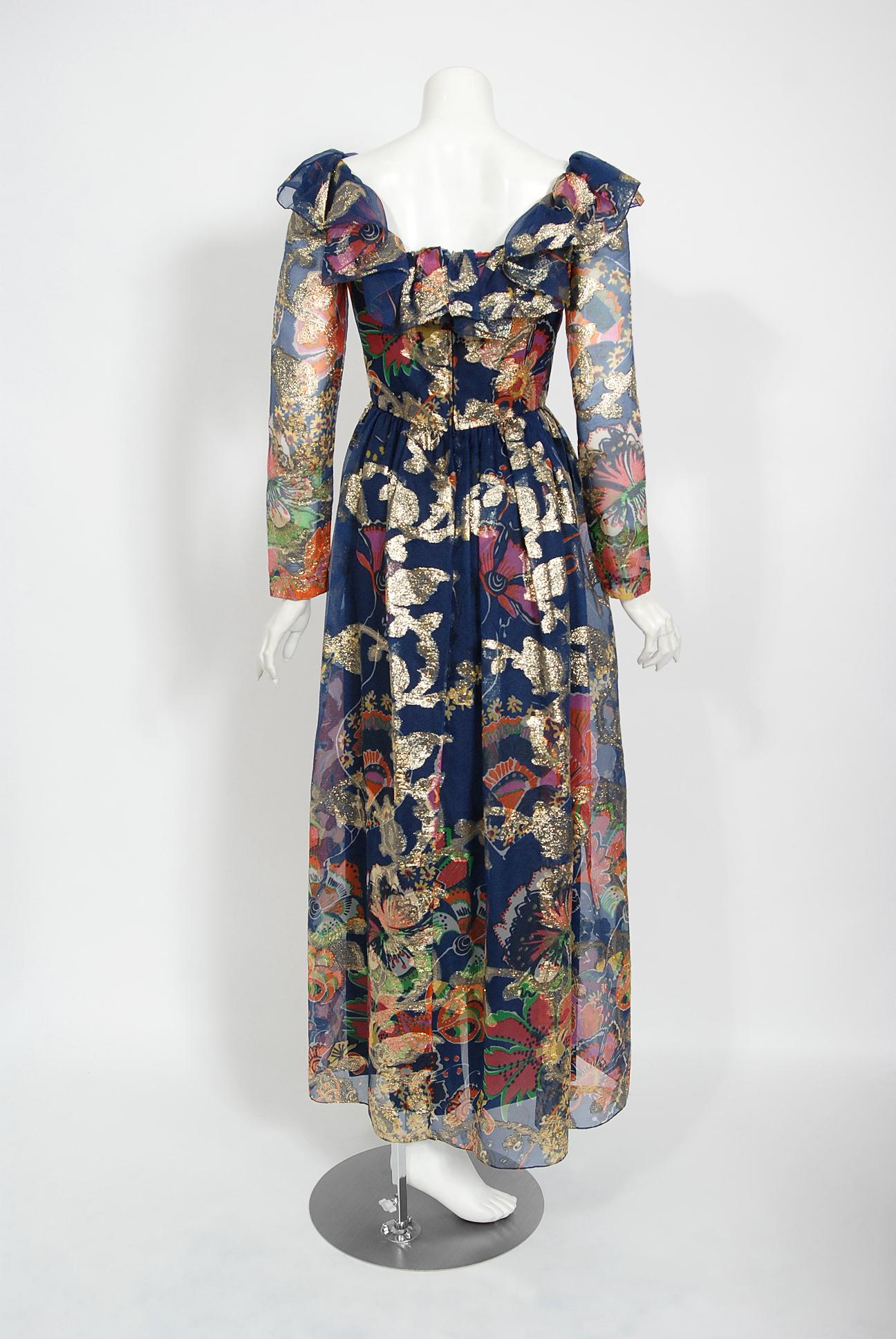 Vintage 1970's Oscar de la Renta Metallic Navy Floral Silk Long-Sleeve Dress 1