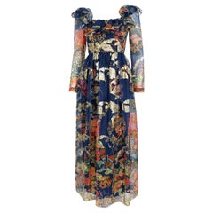 Vintage 1970er Oscar de la Renta Metallic Marineblaues langärmeliges Seidenkleid mit Blumenmuster