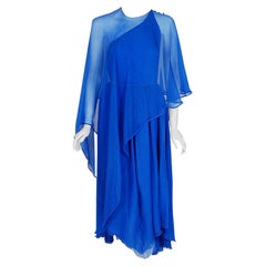 Oscar de la Renta - Ensemble robe caftan asymétrique en soie bleu royal, vintage, années 1970