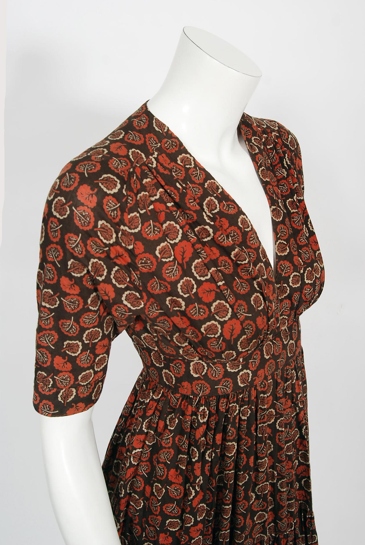 Brown Vintage 1970s Ossie Clark 'Autumn Leaves' Print Cotton Empire Waist Plunge Dress For Sale