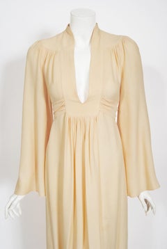 Vintage 1970's Ossie Clark Buttercream Crepe Belted Low-Plunge Maxi Dress Gown