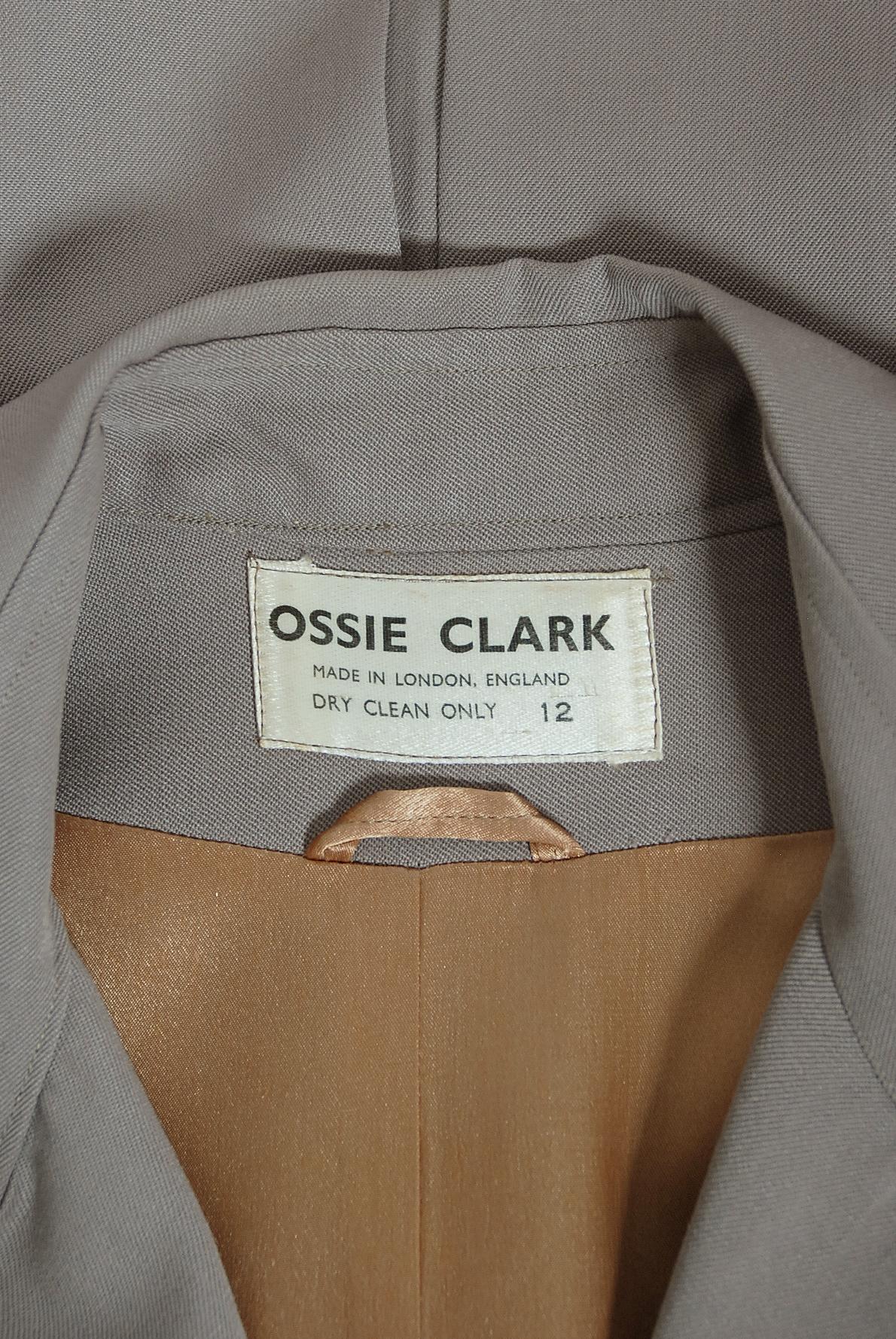 Vintage 1970's Ossie Clark Couture Dove-Gray Double Breasted Belted Trench Coat  5