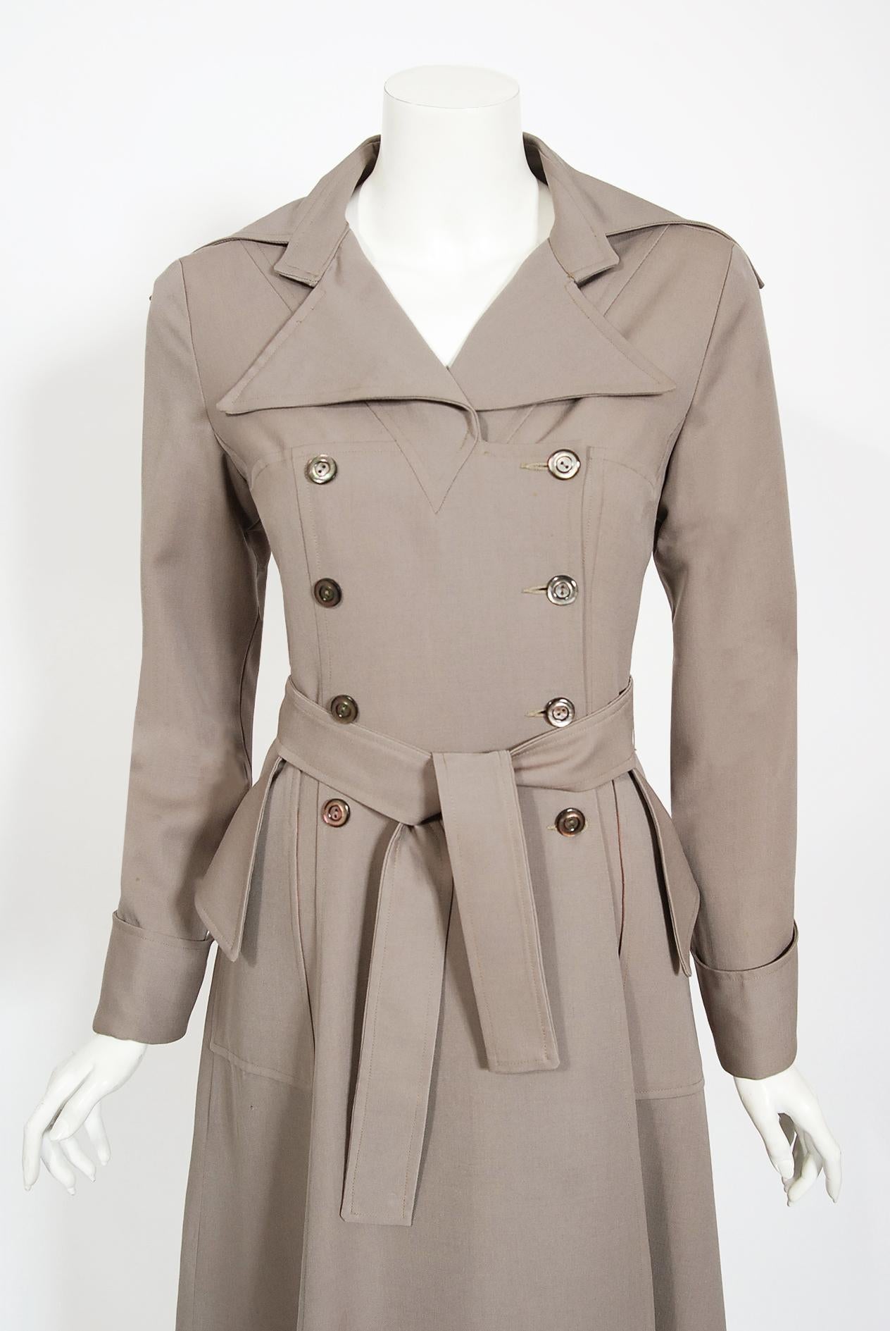 Iconic and totally stunning Ossie Clark dove-gray cotton twill trench coat dating back to his 1970 couture collection. English fashion designer, Raymond 