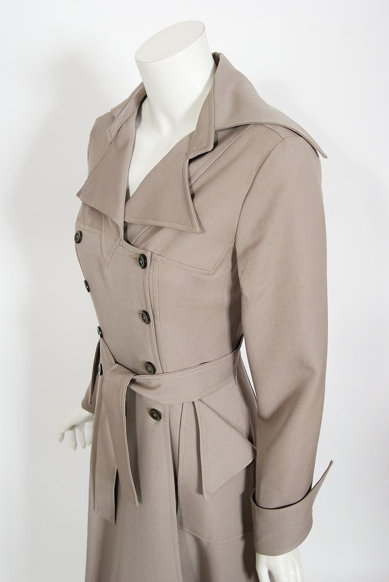 Brown Vintage 1970's Ossie Clark Couture Dove-Gray Double Breasted Belted Trench Coat 