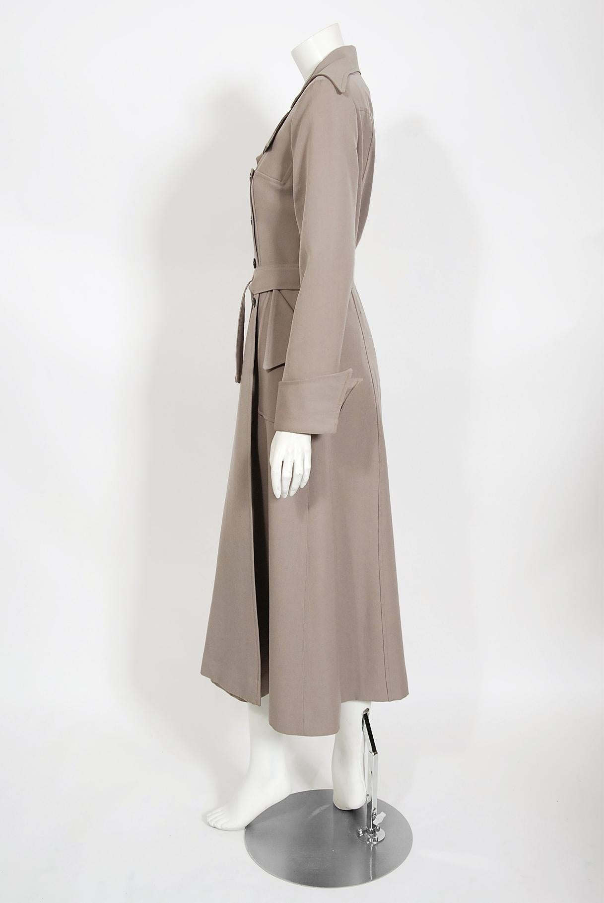Vintage 1970's Ossie Clark Couture Dove-Gray Double Breasted Belted Trench Coat  1